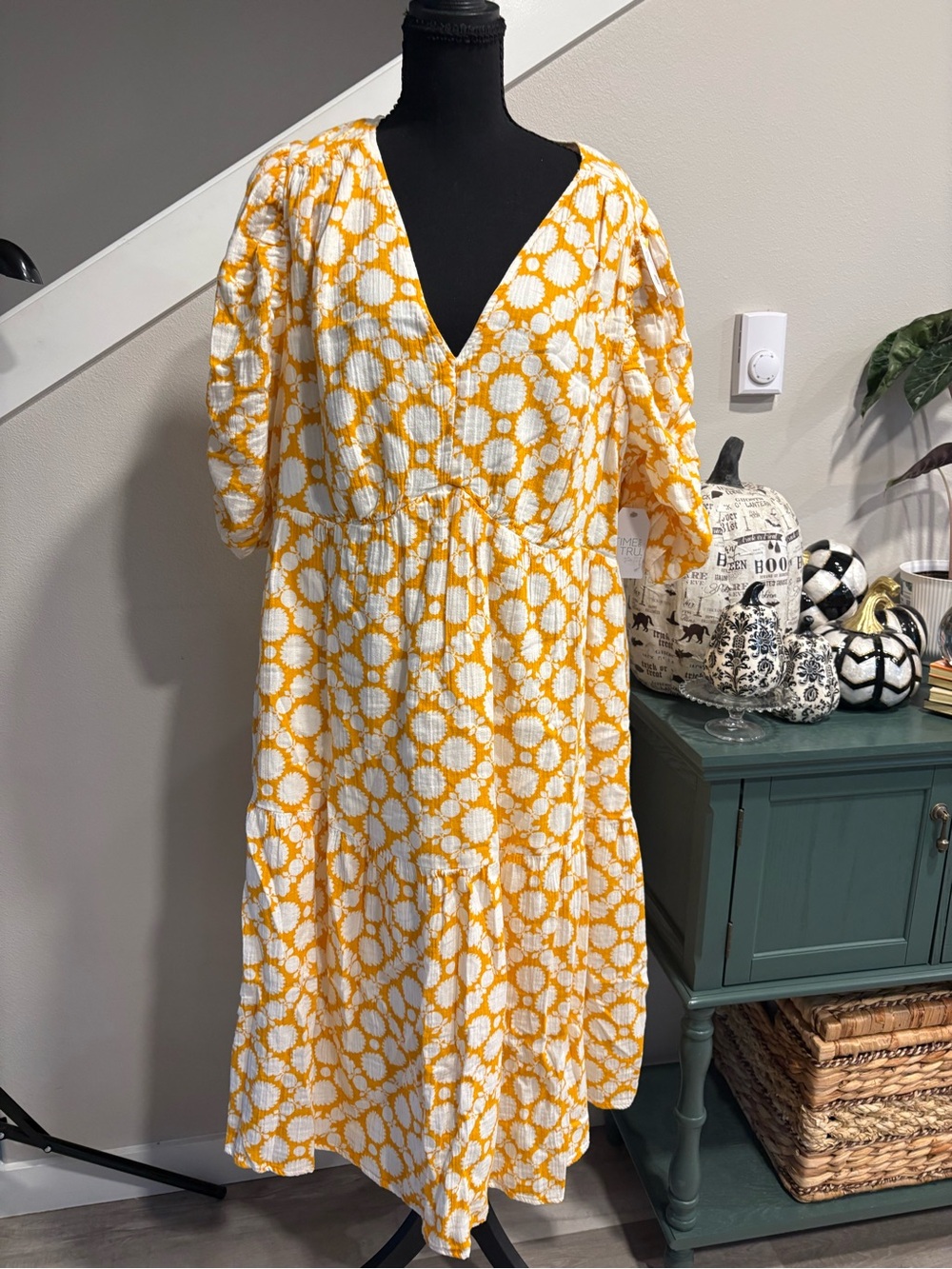 Time and Tru Yellow and White Floral-Print V-Neck Midi Dress